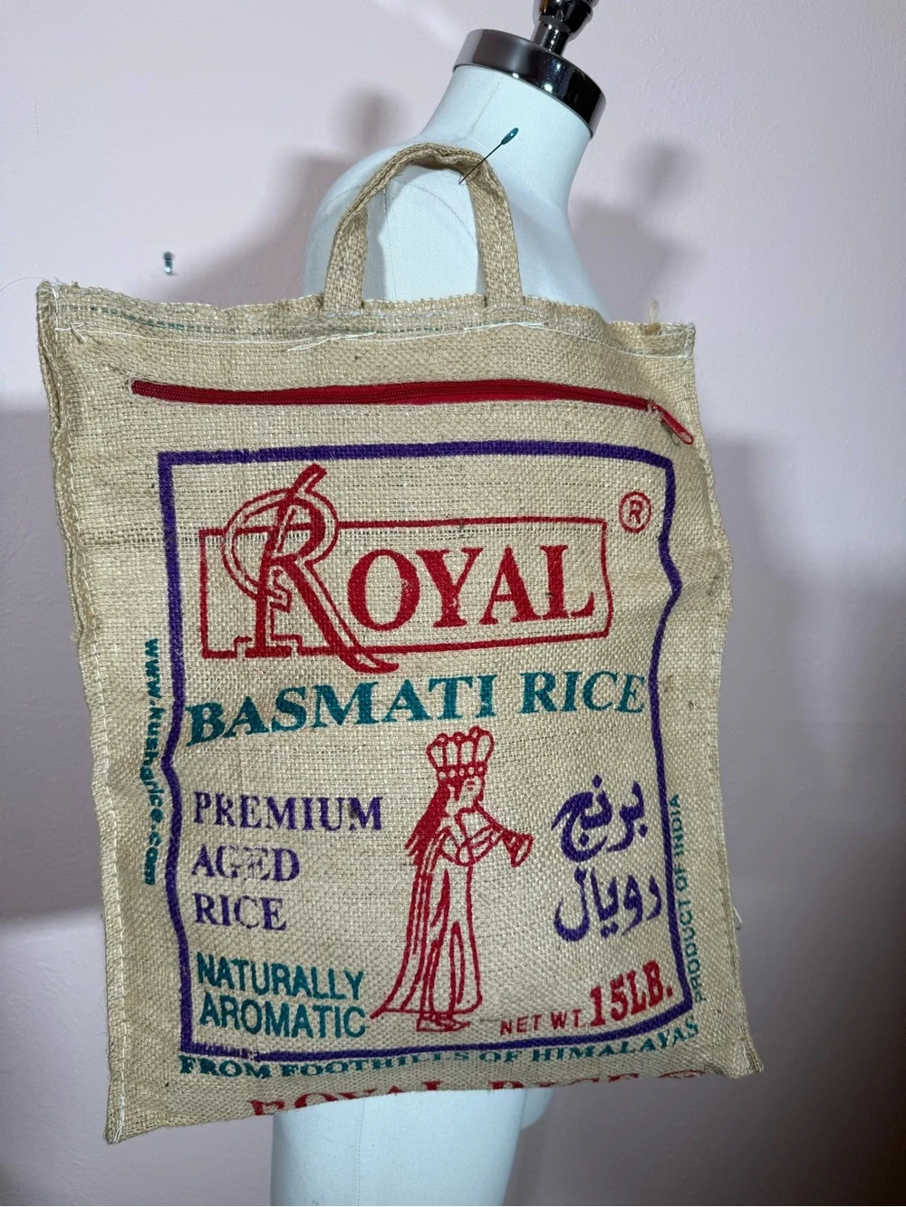 Vintage royal rice bag jute burlap zip top up cycled reusable bag